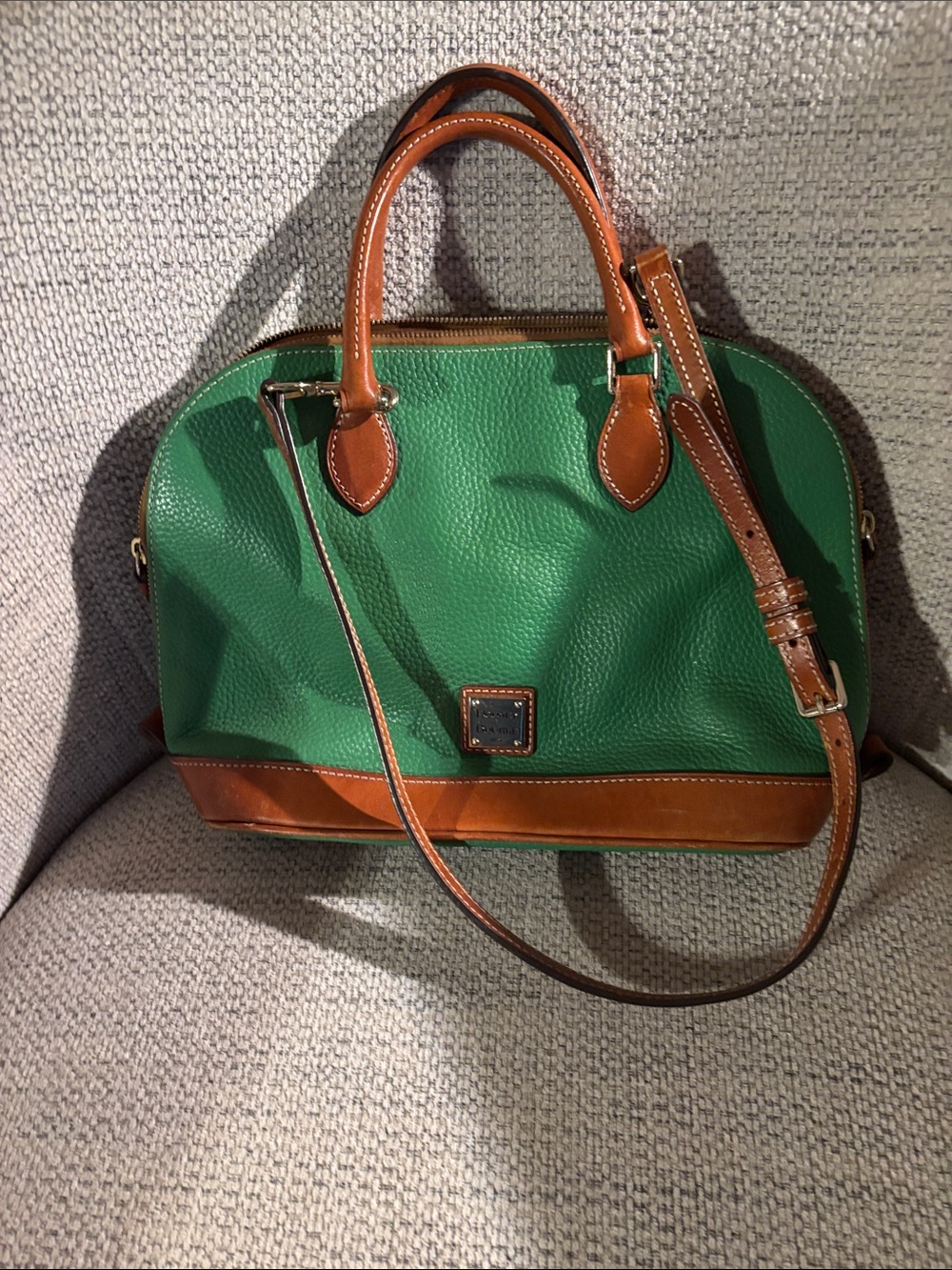 Dooney & Bourke Green Pebbled Leather Satchel with Brown Trim and Strap